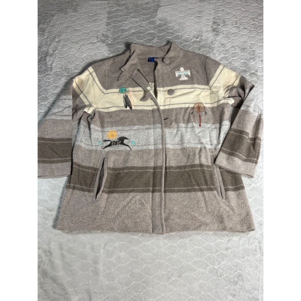 Pendleton 2X Lambswool Jacket Southwestern Aztec Embroidered Zip Front Tan Brown